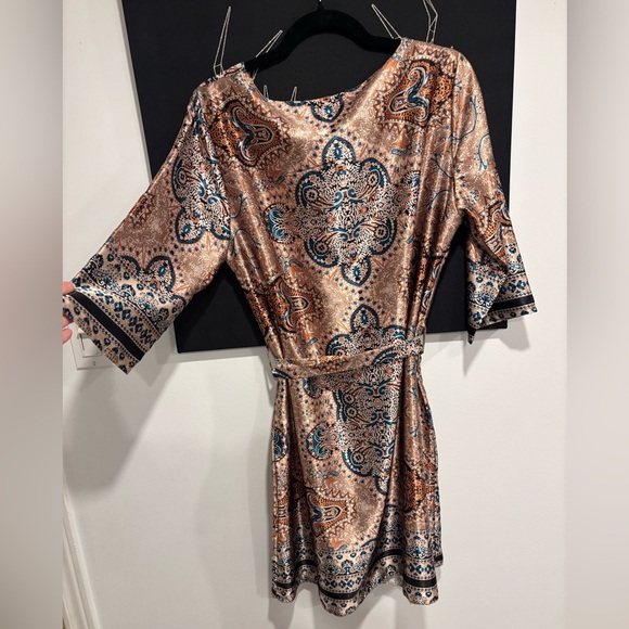 Elegant Paisley Print Dress - Brown and Blue - Picture 3 of 10